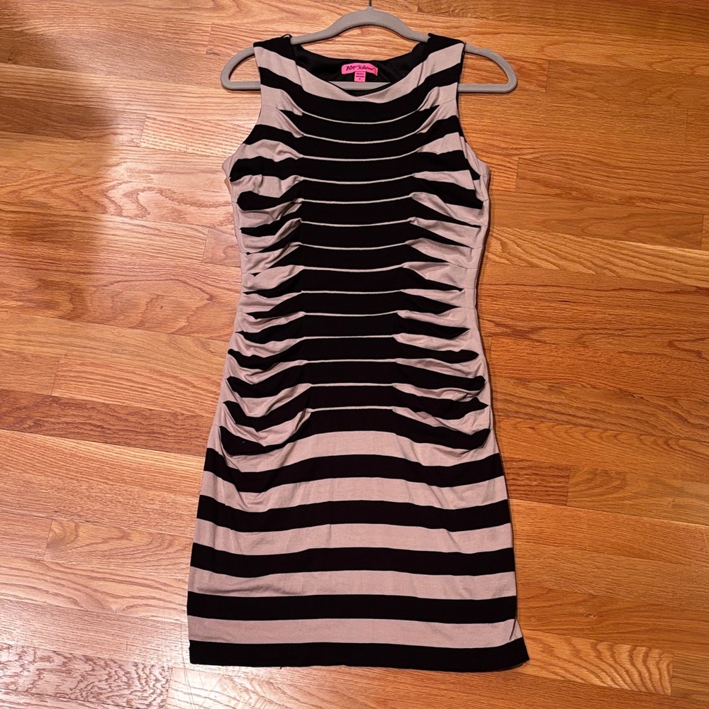 Betsey Johnson Figure-Flattering Black and Tan Striped Dress